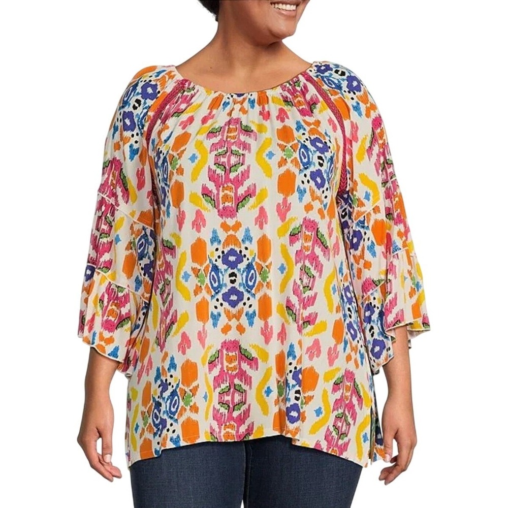 Calessa Pink Multi Ikat Print Tiered Bell Sleeve Tunic Top Plus Size 2X NWT